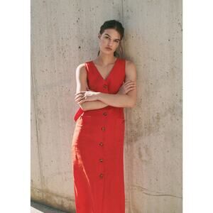 Mango 100% Linen Shirtie Dress in Red Size 2 Button Down Front Belted